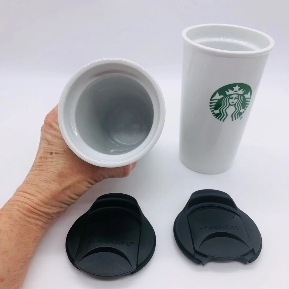 Starbucks set of 2 ceramic 10 ounce travel tumbler with black sliding lids